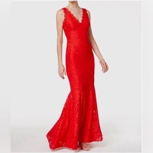 Betsy & Adam Allover Lace V-Neck Mermaid Formal Elegant Red Lace Evening Gown 6